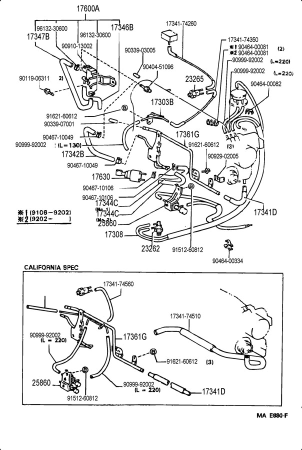 1994 Toyota Camry SEDAN, LE 2200CC 16-VALVE DOHC EFI, AUTOMATIC Hose ...