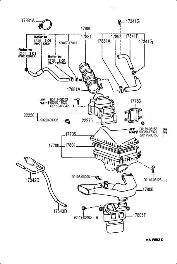 1992 Toyota Camry Hose, air cleaner, no.1. Hose, cleaner; (j). Hose ...